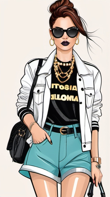 Prompt: professional fashion illustration portrait, utopian streetwear chic outfit, grunge meets glam