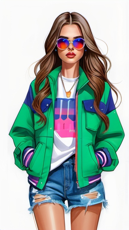 Prompt: professional fashion illustration portrait, colorful dystopian streetwear preppy outfit, long hair