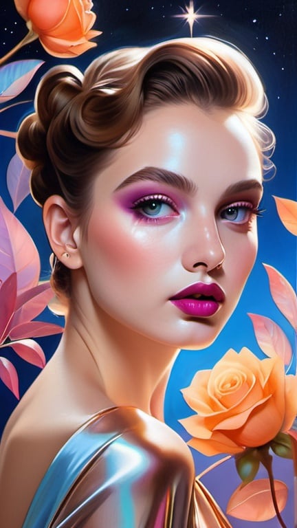 Prompt: painting, makeup art, 40s glam, magical surrealism, pinterest aesthetic, beautiful woman, rosy cheeks, glistening skin, plump velvety lips, ethereal artistic makeup, hypnotizing brown eyes, holographic, stylish top, romantic academia,  magical realism, surrealism, lilac blue fuchsia white orange gold bright vivid gradient colors, dream-like, allegorical, half body portrait, intricate details, realistic, high contrast, highly detailed, crisp,