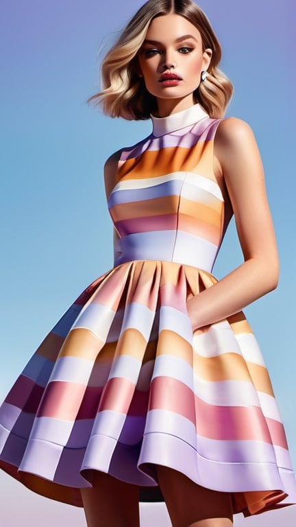 Prompt: professional fashion illustration portrait, contemporary utopian designer aesthetic, glam baby doll dress with gradient wavy stripes, voguish realism, lilac blue pink cream orange gold deep clear gradient colors, cinematic, atmospheric perspective, high contrast, highly detailed, crisp, instagram 