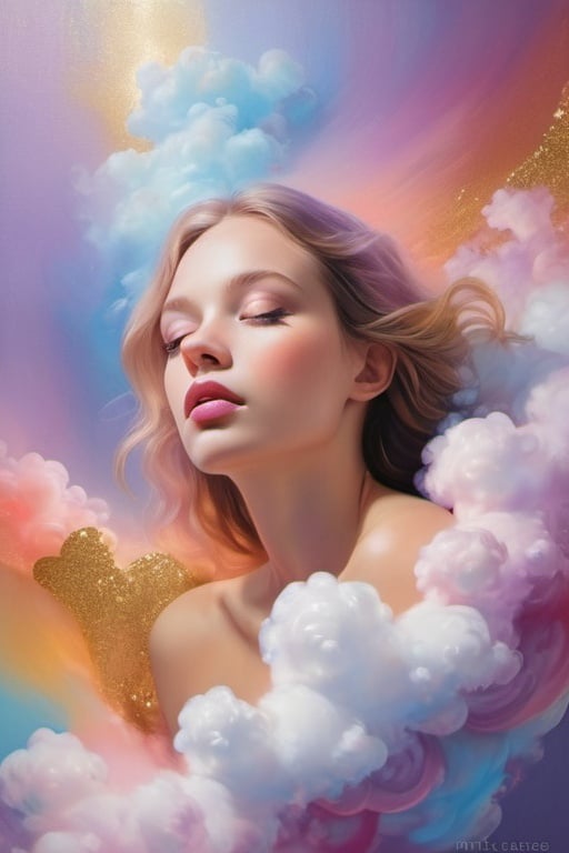 Prompt: contemporary masterpiece, visually striking evocative metamodernist painting depicting a visceral scene of a beautiful woman with bright eyes and rosy cheeks sitting on the cloud, tenderness, new sincerity, emotional realism meets surrealism meets impressionism meets dynamism meets minimalism, portrait, authentic, realistic colors, color layering, soft, lilac blue fuchsia orange gold bright vivid gradient colors, atmospheric perspective, iridescent, translucent, glitter, organic shapes, elegant design, uplifting mood, subtle details, ethereal lighting, unique composition, artistically blurred edges, fine art quality, 