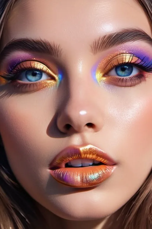 Prompt: spring in her eyes, surrealistic pop art, artistic pinterest aesthetic, fierce sensual goddess, petite, long shiny hair, rosy cheeks, glistening skin, plump lips, velvety lipstick, magical surrealism, lilac blue pink cream orange gold bright vivid gradient colors, cinematic, focus on the eyes, high contrast, highly detailed, crisp,