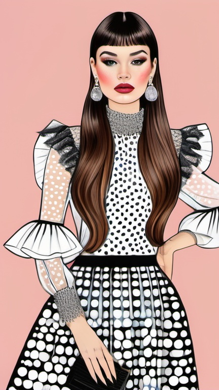 Prompt: fashion illustration, utopian streetwear boho outfit, Parisian 60s meets old Hollywood glam, Cartier jewelry, sophisticated, long luscious hair, captivating dynamic composition, ruffles, lace, puff sleeves, polka dots, Yayoi Kusama, Oscar de la Renta, Dior, pastel rainbow colors, 