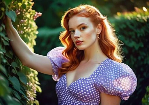 Prompt: hyper-realistic portrait, cinematic film still, beautiful woman in a cool lilac polka dot dress, in the garden, pretty eyes, glistening skin, plump lips, long  luscious ginger hair, petite, pop art glam, lilac blue orange cream pink gold bright vivid vibrant gradient colors, dramatic puff sleeves, dappled lighting, fantastic realism, stylish mood, crisp, epic