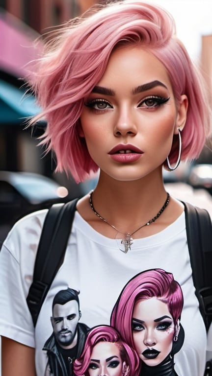 Prompt: professional fashion illustration portrait, attractive woman in an edgy dress on the street, dystopian streetwear style outfit, pink hair bob, hypnotizing brown eyes, grunge meets glam makeup, rosy cheeks, glistening skin, plump lips, fantastic realism, epic storytelling, high contrast, highly detailed, crisp, 