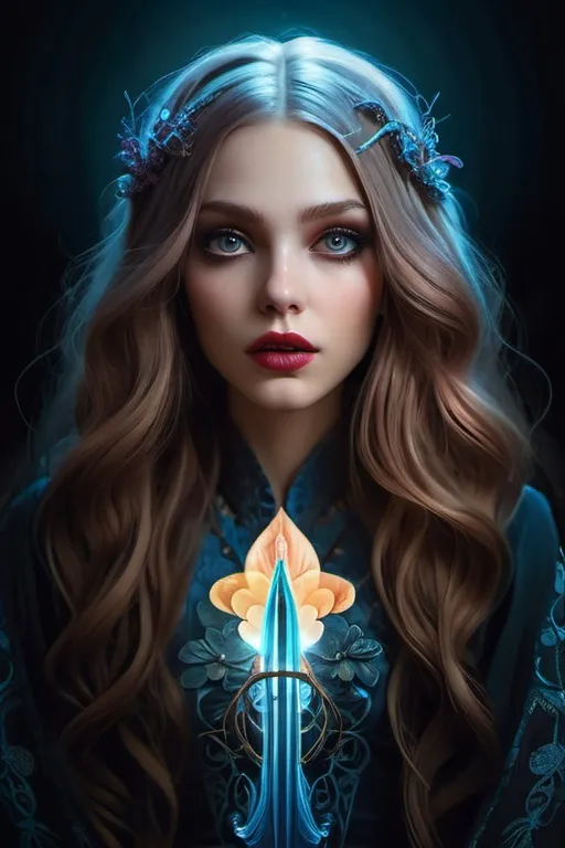 Prompt: captivating portrait, peculiar woman hiding in the dark in a stunning dress, electric boho glam, petite, lovecraftian, burtonesque, pop surrealism, long luscious hair, hypnotizing eyes, rosy cheeks, natural skin texture, plump lips, supernatural mood, high contrast, highly detailed, crisp, epic storytelling, fantasy, 