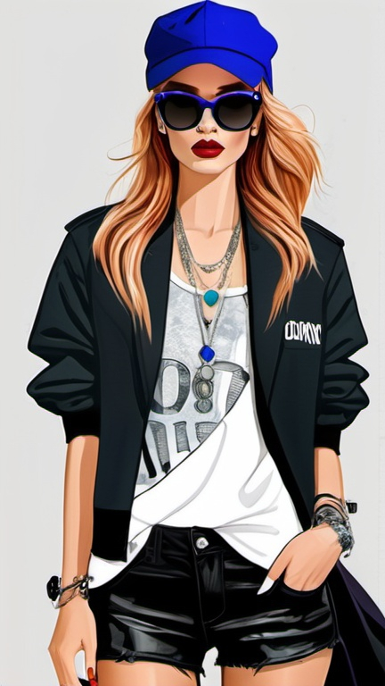 Prompt: professional fashion illustration portrait, utopian streetwear chic outfit, grunge meets glam