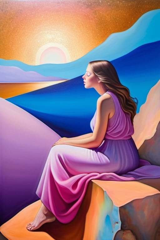 Prompt: contemporary masterpiece, visually striking evocative metamodernist painting depicting a visceral scene of a beautiful woman with bright eyes and rosy cheeks sitting on the rock, tenderness, new sincerity, emotional realism meets surrealism meets impressionism meets dynamism meets minimalism, authentic, realistic colors, color layering, lilac blue fuchsia orange gold bright vivid gradient colors, atmospheric perspective, iridescent, translucent, glitter, organic shapes, elegant design, uplifting mood, subtle details, ethereal lighting, unique composition, artistically blurred edges, fine art quality, 