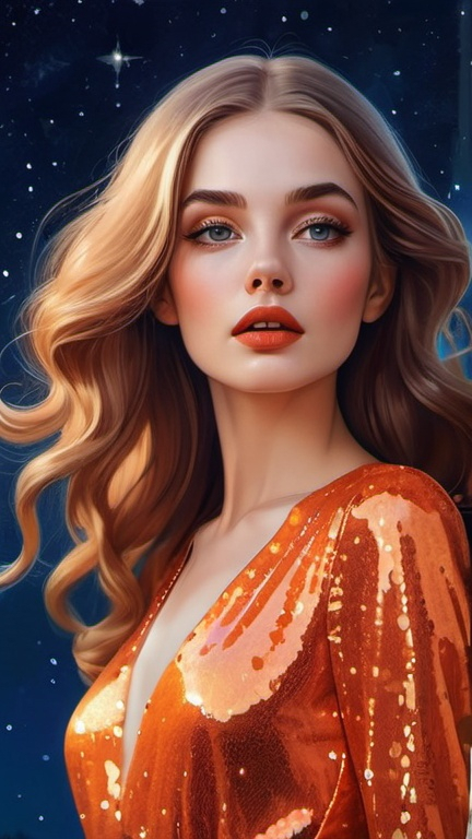 Prompt: professional portrait, captivating petite voguish woman in an orange sequin dress under starry sky, romantic chic minimalism, surrealistic realism, Wes Anderson aesthetic, long shiny hair, pretty hypnotizing eyes, rosy cheeks, glistening skin, glossy plump lips, polished makeup, epic storytelling, high contrast, highly detailed, crisp, by Volegov by Razumov, lowbrow art