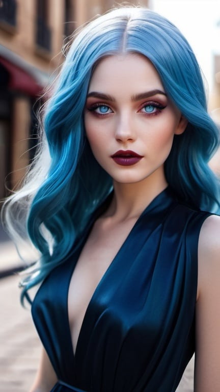 Prompt: captivating portrait, beautiful woman in a flowing dark dress on the street, elegant chic minimalism, pop surrealism, petite, burtonesque, long shiny blue hair, pretty eyes, rosy cheeks, glistening skin, full plump lips, epic storytelling, fantasy, high contrast, highly detailed, crisp, 