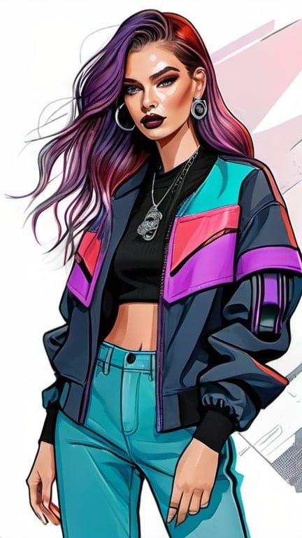 Prompt: professional fashion illustration portrait, colorful dystopian streetwear chic outfit, long hair