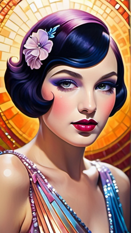 Prompt: makeup art, 50s flapper, holographic, masterpiece painting reflecting the pinterest aesthetic, beautiful woman, rosy cheeks, glistening skin, plump lips, velvety lipstick, fabulous artistic makeup, captivating gaze, hypnotizing eyes, elegant dress, magical realism, surrealism, lilac blue fuchsia white orange gold bright vivid gradient colors, portrait, full face, half body,  high contrast, highly detailed, crisp,