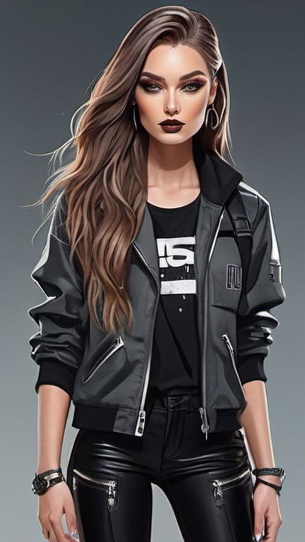 Prompt: professional fashion illustration portrait, dystopian streetwear chic style outfit, long hair