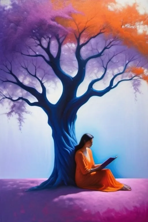 Prompt: contemporary masterpiece, beautiful evocative metamodernist painting, uplifting scene of a beautiful woman sitting in the shadow of a tree, emotional realism meets surrealism, visceral, visually striking, allegorical, academic classicism meets minimalism, color splash, color layering, iridescent, translucent, bio-luminescent, ethereal, lilac blue fuchsia orange gold bright vivid gradient colors, organic shapes, elegant design, subtle details, ethereal lighting, unique composition, artistically blurred edges, fine art quality, masterpiece, crisp, 