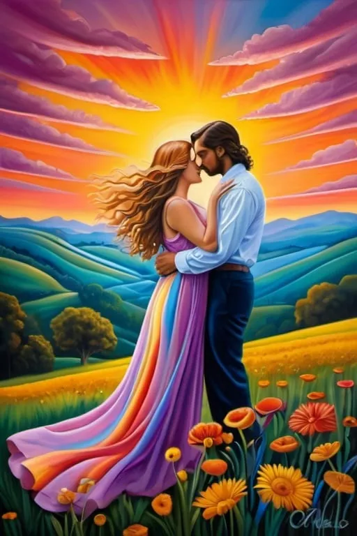 Prompt: lovers, free-spirited, emotional, authentic, genuine, candid, evocative, natural, surrealistic aesthetic painting, lifestyle capture, oil painting, magical realism, bright vivid gradient colors, elegant design, intricate details, realistic, high contrast, crisp, pre-raphaelitism influence, 