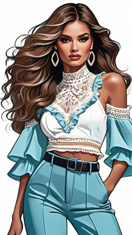 Prompt: fashion illustration, streetwear boho outfit, 80s rock meets classy glam, sophisticated, long hair, captivating dynamic silhouette, ruffles, lace, puff sleeves, focus on the clothes, cool color tones,