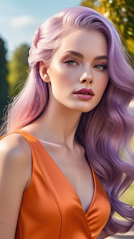 Prompt: professional portrait, classy voguish woman in a casual orange dress in a park, chic rococo minimalism, long shiny lilac hair, hypnotizing eyes, rosy cheeks, glistening skin, glossy plump lips, polished makeup, fantastic realism, epic storytelling, fashion illustration, high contrast, highly detailed, crisp, 