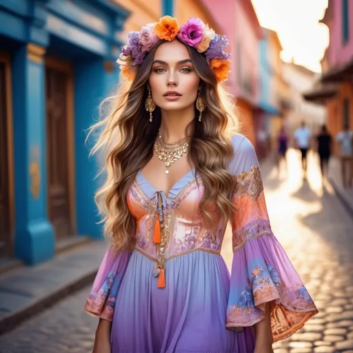 Prompt: hyper-realistic portrait, fashion photo-shoot, beautiful woman in a cool boho-rococo dress, walking on the street, street glam, pretty eyes, glistening skin, plump lips, long hair, petite, lilac blue orange cream pink gold bright vivid vibrant gradient colors, vibing mood, fantastic realism, crisp, epic,