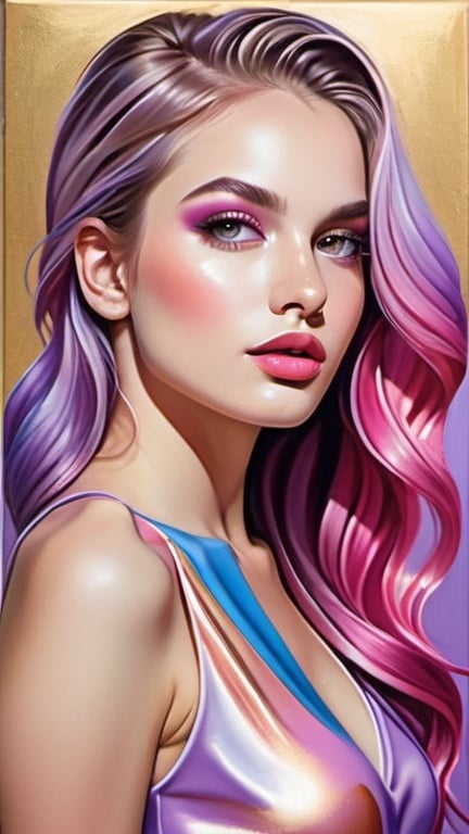 Prompt: half-body beauty and fashion painting, pink and lilac glam, beautiful contemporary woman in a stylish top, rosy cheeks, glistening skin, long hair, plump lips, shimmering  makeup, cute eyes, magical realism, lilac blue fuchsia white orange gold bright vivid gradient colors, dream-like, intricate details, realistic, high contrast, highly detailed, crisp, 