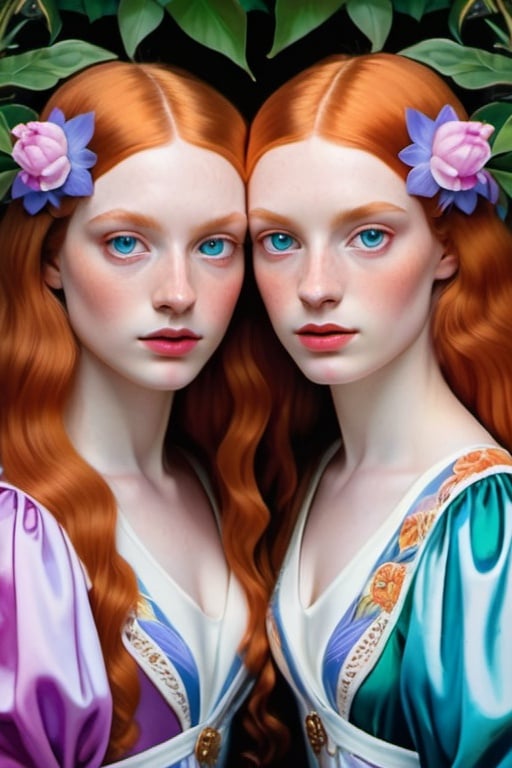 Prompt: sisters, natural ginger beauty and cottagecore fashion, surrealistic aesthetic painting, magical realism, pre-raphaelitism influence, lilac blue fuchsia white orange gold bright vivid gradient colors, elegant design, intricate details, realistic, high contrast, crisp, ultra-realistic green eyes, cinematic