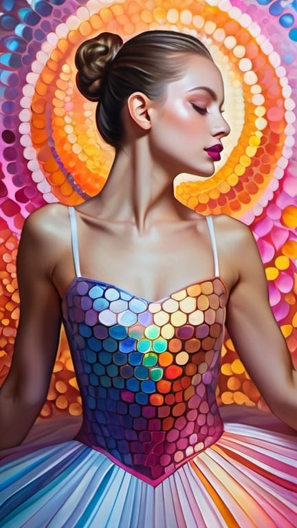 Prompt: fashion, phyllotaxis, holographic, impressionist painting reflecting the pinterest aesthetic, beautiful sensual ballerina, rosy cheeks, glistening skin, plump lips, velvety lipstick, dress, magical realism, lilac blue fuchsia white orange gold bright vivid gradient colors, golden ratio, half body portrait, high contrast, highly detailed, crisp,