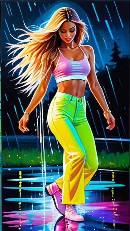 Prompt: lifestyle capture painting of beautiful woman dancing, 90s, expressive, emotional, rainy summer night at the park, water splashing, dynamic, bright vivid gradient colors, reflective, long luscious hair, feminine outfit - crop top and high waist flare pants, dynamic angle view, neon, fluorescent details, magical surrealism, post-expressionism,  intricate details, highly detailed, 