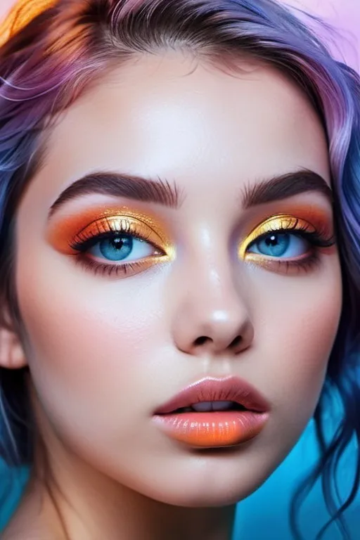 Prompt: coldness in her eyes, surrealistic pop art, artistic pinterest aesthetic, fierce sensual goddess, petite, long shiny hair, rosy cheeks, glistening skin, plump lips, velvety lipstick, magical surrealism, lilac blue pink cream orange gold bright vivid gradient colors, cinematic, focus on the eyes, high contrast, highly detailed, crisp,