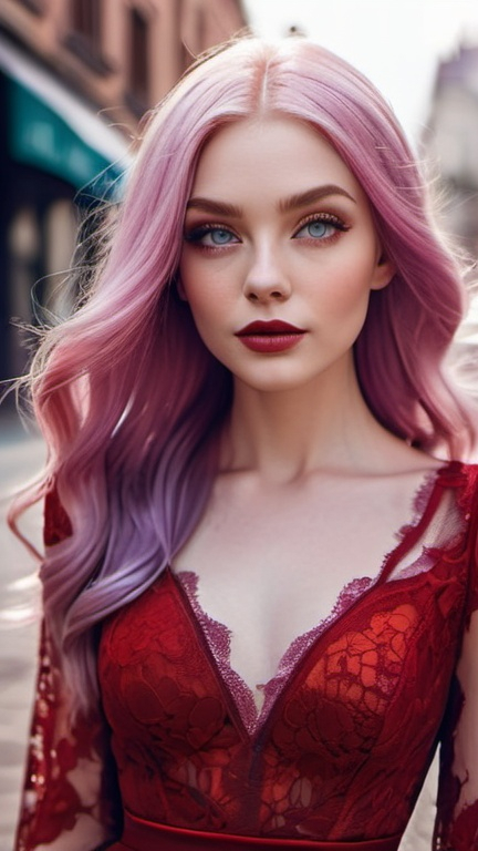 Prompt: captivating portrait, beautiful woman in a flowing red lace dress on the street, elegant chic minimalism, pop surrealism, petite, burtonesque, long shiny lilac hair, pretty eyes, rosy cheeks, glistening skin, full plump lips, epic storytelling, fantasy, high contrast, highly detailed, crisp, 