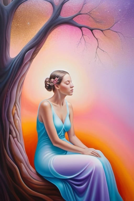 Prompt: contemporary masterpiece, visually striking evocative metamodernist painting depicting a visceral scene of a beautiful woman with bright eyes and rosy cheeks sitting on the tree, tenderness, new sincerity, emotional realism meets surrealism meets impressionism meets dynamism meets minimalism, portrait, authentic, realistic colors, color layering, soft, lilac blue fuchsia orange gold bright vivid gradient colors, atmospheric perspective, iridescent, translucent, glitter, organic shapes, elegant design, uplifting mood, subtle details, ethereal lighting, unique composition, artistically blurred edges, fine art quality, 