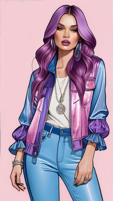 Prompt: professional fashion illustration portrait, utopian streetwear boho outfit, grunge rococo meets classic glam, long luscious shiny hair, blues purples and pinks