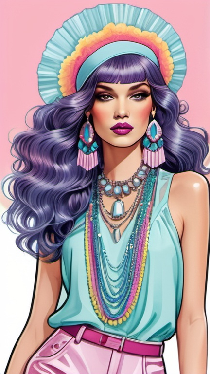 Prompt: fashion illustration, utopian streetwear boho outfit, 80s flapper meets classy glam, opulent jewelry, sophisticated, long luscious hair, captivating dynamic composition, ruffles, lace, puff sleeves, pastel rainbow colors, 