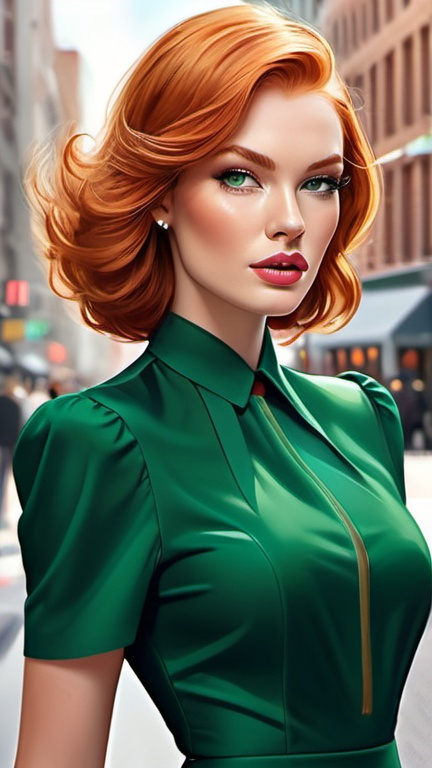 Prompt: professional fashion illustration portrait, voguish woman in a classy green dress on the street, chic feminine streetwear style, shiny ginger hair bob, hypnotizing eyes, rosy cheeks, glistening skin, glossy plump lips, "office siren" makeup, fantastic realism, epic storytelling, high contrast, highly detailed, crisp, 