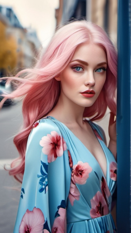 Prompt: captivating portrait, beautiful woman in a flowing floral dress on the street, elegant chic minimalism, pop surrealism, petite, burtonesque, long shiny pink hair, pretty blue eyes, rosy cheeks, glistening skin, full plump lips, perfect makeup, epic storytelling, fantasy, high contrast, highly detailed, crisp, 