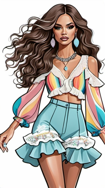 Prompt: fashion illustration, streetwear boho outfit, 70s rock meets classy glam, sophisticated, long hair, captivating dynamic silhouette, ruffles, lace, puff sleeves, pastel rainbow colors