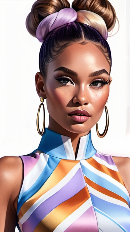 Prompt: professional fashion illustration portrait, contemporary designer aesthetic, glam bodycon dress with graphic patterns, hair buns, chiseled face, natural freckles, voguish, hyper-realism, lilac blue pink cream orange gold deep clear gradient colors, cinematic, atmospheric perspective, dynamic angle view, high contrast, highly detailed, crisp,