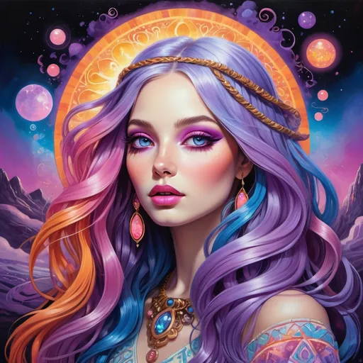 Prompt: captivating portrait, peculiar woman in the dark, electric boho glam, lilac blue pink cream orange gold bright vivid gradient colors, petite, lovecraftian, burtonesque, pop surrealism, long luscious hair, hypnotizing eyes, rosy cheeks, sun-kissed skin, plump lips, high contrast, highly detailed, crisp, epic storytelling, fantasy