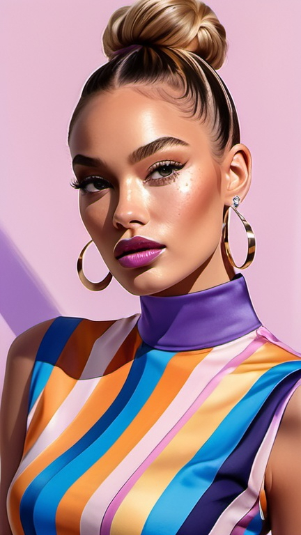 Prompt: professional fashion illustration portrait, contemporary designer aesthetic, glam bodycon dress with wavy stripes, hair buns, chiseled face, natural freckles, voguish, hyper-realism, lilac blue pink cream orange gold deep clear gradient colors, cinematic, vivid, atmospheric perspective, high contrast, highly detailed, crisp,