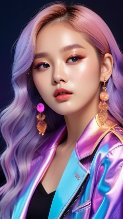 Prompt: album cover, beautiful k-pop singer posing, designer outfit, petite, long shiny hair, hypnotizing eyes, rosy cheeks, glistening skin, natural freckles, glossy plump lips, dynamic pose, fierce, sensual, cool, fantastic realism, cinematic, lilac blue pink cream orange gold bright vivid gradient colors, high contrast, highly detailed, crisp,