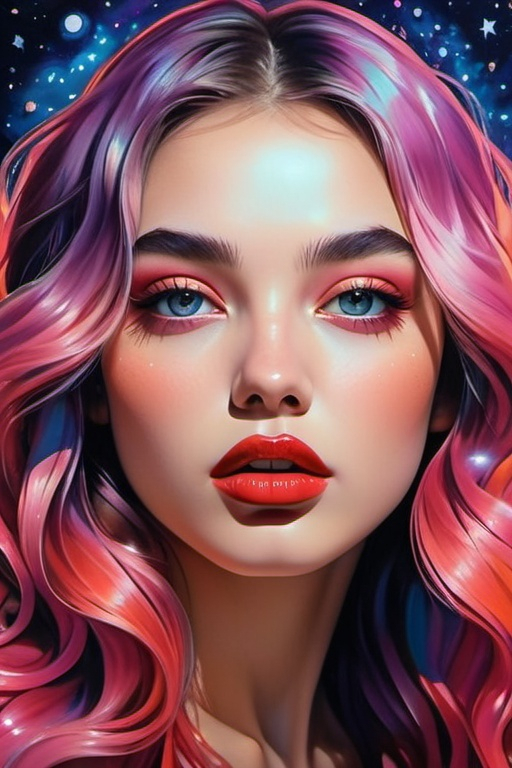 Prompt: stars in her eyes, surrealistic pop art, artistic pinterest aesthetic, fierce sensual goddess, magical surrealism, long shiny hair, rosy cheeks, glistening skin, plump lips, velvety lipstick, bright vivid gradient colors, cinematic, focus on the eyes, high contrast, highly detailed, crisp,