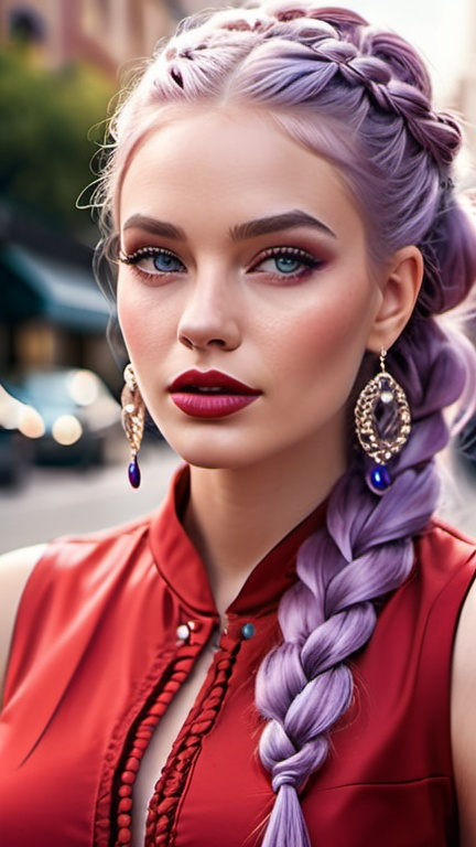 Prompt: professional portrait, classy voguish woman in a red casual chic dress on the street, urban chic rococo, long lilac hair braids, hypnotizing eyes, rosy cheeks, glistening skin, glossy plump lips, polished makeup, fantastic realism, epic storytelling, fashion illustration, streetwear, high contrast, highly detailed, crisp, 