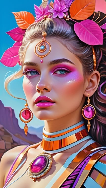 Prompt: bio-punk, masterpiece painting, beautiful goddess queen of Jupiter, rosy cheeks, glistening skin, bright plump lips, captivating gaze, hypnotizing eyes, delicate dress with neon wiring details, magical realism, surrealism, lilac blue fuchsia white orange gold bright vivid gradient colors, intricate details, realistic, high contrast, highly detailed, crisp,