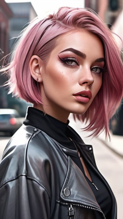 Prompt: professional fashion illustration portrait, attractive woman in an edgy grey dress on the street, dystopian streetwear style outfit, pink hair bob, hypnotizing brown eyes, grunge meets glam makeup, rosy cheeks, glistening skin, plump lips, fantastic realism, epic storytelling, high contrast, highly detailed, crisp, 