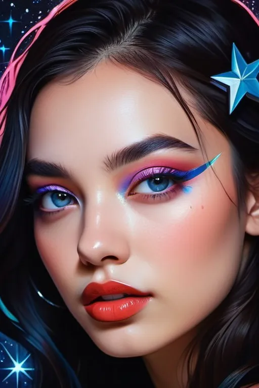 Prompt: stars in her eyes, surrealistic pop art, artistic pinterest aesthetic, fierce sensual goddess, magical surrealism, long shiny hair, rosy cheeks, glistening skin, plump lips, velvety lipstick, bright vivid gradient colors, cinematic, focus on the eyes, high contrast, highly detailed, crisp,