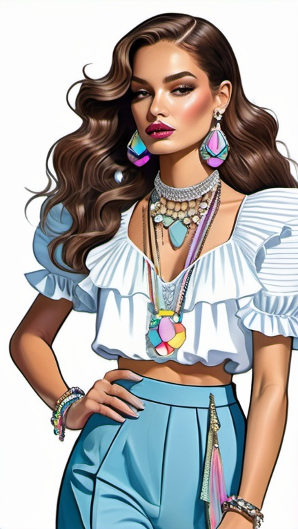 Prompt: fashion illustration, utopian streetwear boho outfit, 40s grunge meets classy glam, opulent jewelry, sophisticated, long hair, captivating dynamic composition, ruffles, lace, puff sleeves, pastel rainbow colors, Parisian aesthetic