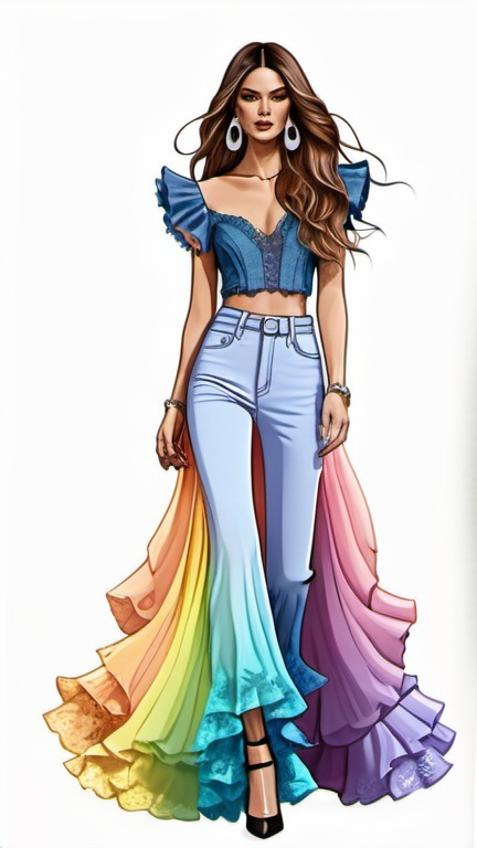 Prompt: fashion illustration, utopian streetwear boho outfit, cosmic chic meets classy glam, sophisticated, long hair, captivating dynamic silhouette, ruffles, lace, puff sleeves, pastel rainbow colors