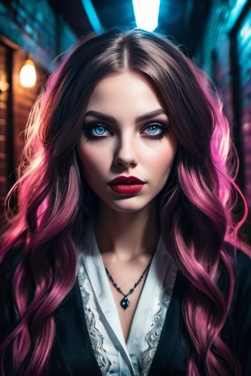 Prompt: captivating portrait, peculiar woman in the dark alley, lovecraftian, burtonesque, electric boho glam, long luscious shiny hair, hypnotizing eyes, rosy cheeks, glistening skin, glossy plump lips, pop surrealism, supernatural mood, high contrast, highly detailed, crisp, epic storytelling, fantasy, 