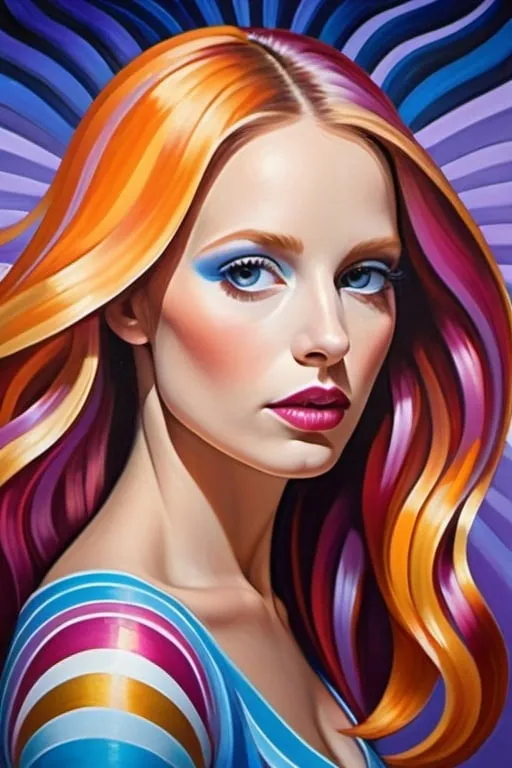 Prompt: beautiful evocative metamodernist portrait painting, beautiful woman moves sensually, fresh, emotional, authentic, genuine, emotional realism meets expressionism, academic classicism meets surrealism, long hair, hypnotizing eyes, new sincerity, tenderness, sensuality, color splash, color layering, polka dots and stripes, lilac blue fuchsia white orange gold bright vivid gradient colors, cool color undertones, elegant design, intricate details, high contrast, crisp, by Tim Burton and by Oleksandr Balbyshev and by Vincent van Gogh, 