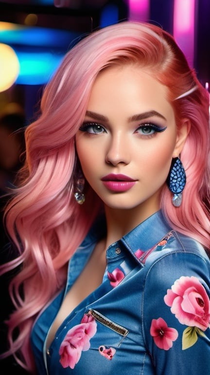 Prompt: professional portrait, young voguish woman in a denim and print dress in a disco club, sweet chic elegant, sophisticated, long shiny pink hair, pretty hypnotizing eyes, rosy cheeks, glistening skin, glossy plump lips, polished makeup, chibi, surrealistic realism, epic storytelling, high contrast, highly detailed, crisp, 