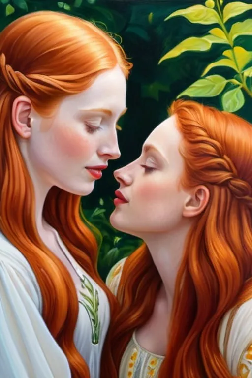 Prompt: romantic friends, natural ginger beauty, candid, unposed, free-spirited, spontaneous, authentic, genuine, innate, naive, mundane, improvised, unscripted, surrealistic aesthetic painting, lifestyle capture, oil painting, magical realism, bright vivid gradient colors, elegant design, intricate details, realistic, high contrast, crisp, pre-raphaelitism influence, 