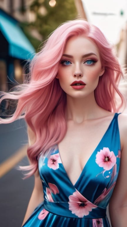 Prompt: captivating portrait, beautiful woman in a flowing floral dress on the street, elegant electric chic minimalism, pop surrealism, petite, burtonesque, long shiny pink hair, pretty blue eyes, rosy cheeks, glistening skin, full plump lips, perfect makeup, epic storytelling, fantasy, high contrast, highly detailed, crisp, 